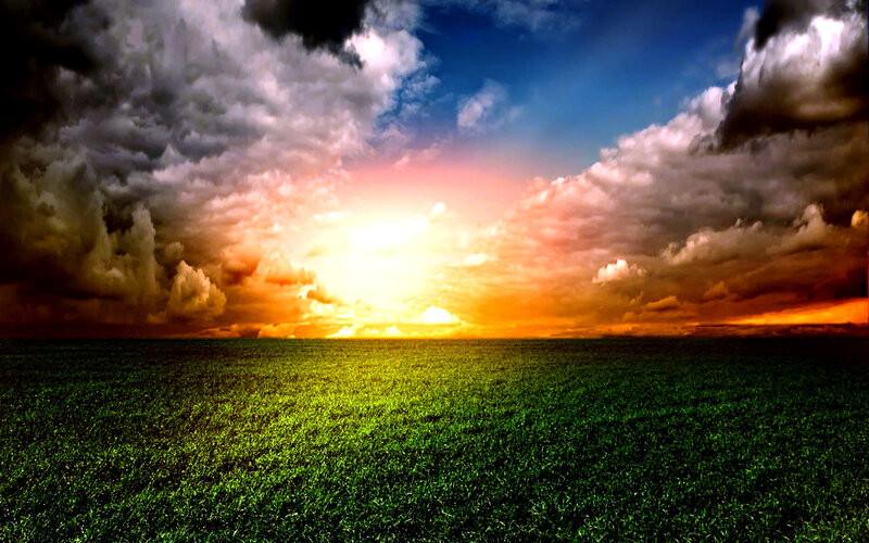 Green Field under Stormy Sky — Dramatic, Sunset, Photograph, Clouds, Sun