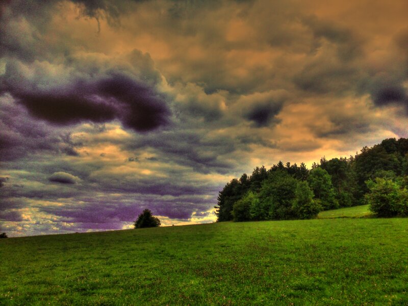 Green Field under Stormy Sky — Dramatic, Sunset, Photograph, Trees