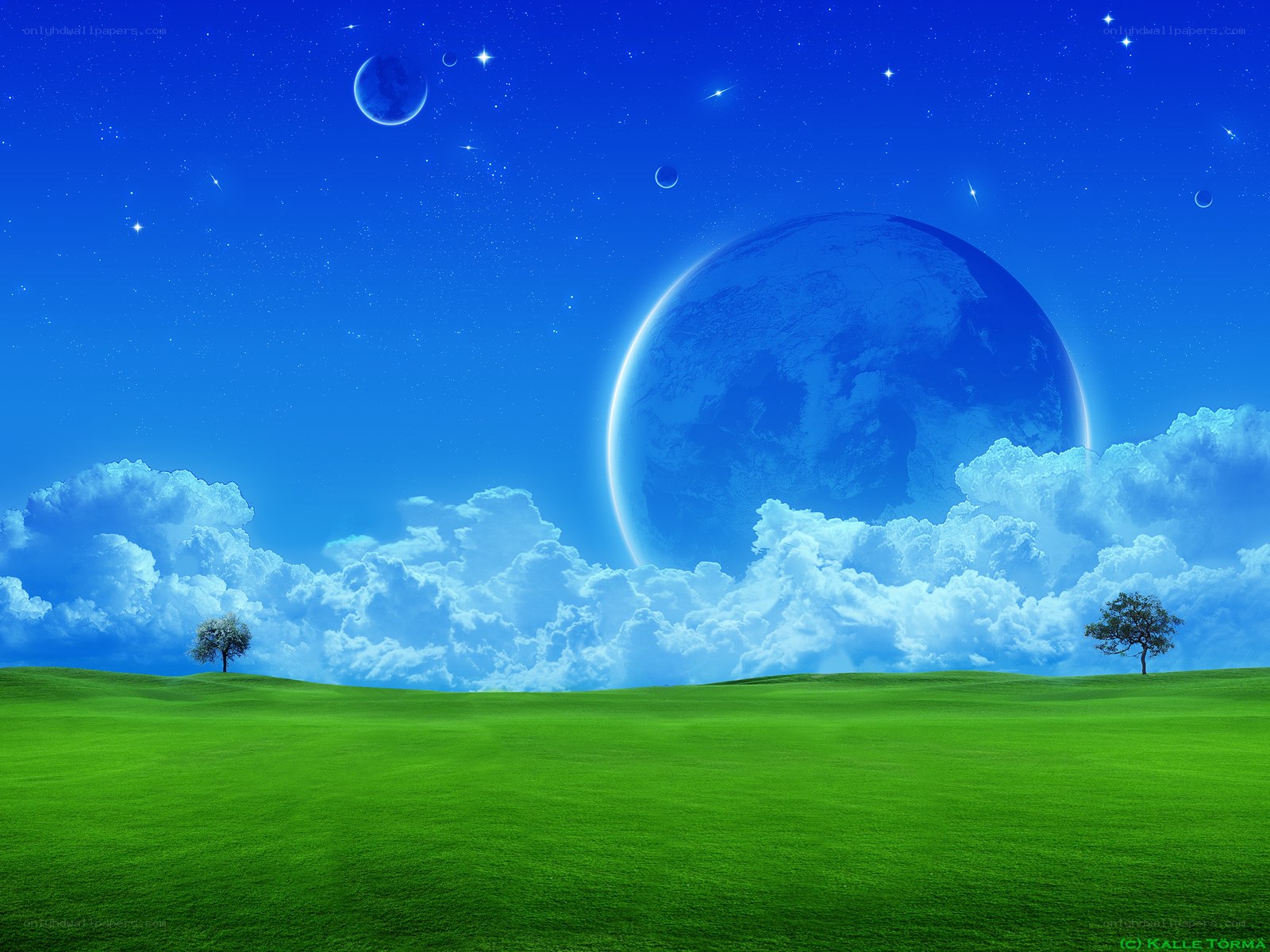 Green field with alien planet