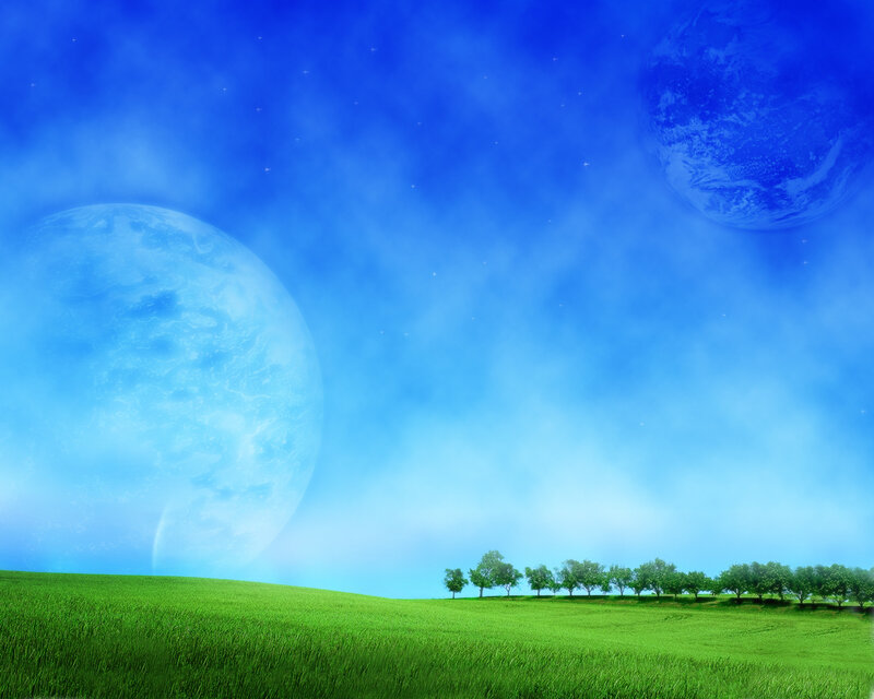 Green field with alien planets