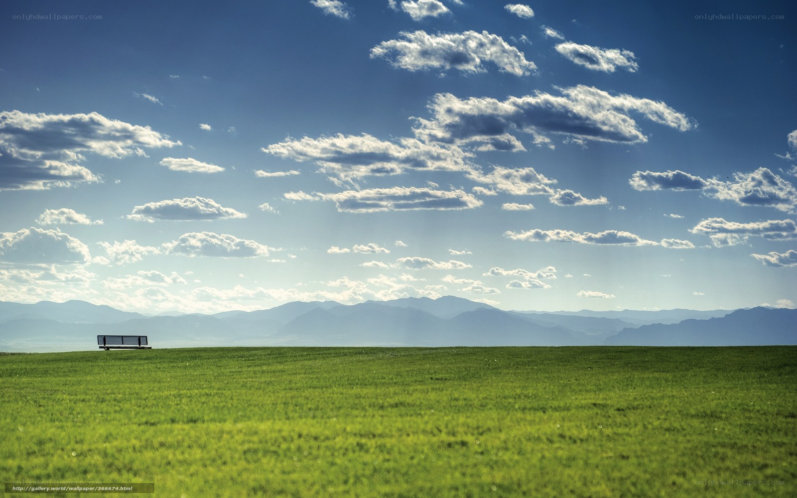 Green field with bench and mountains