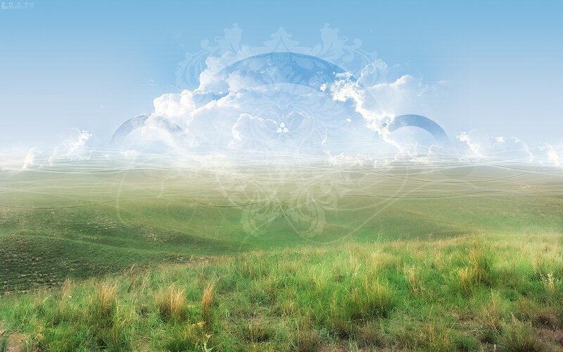 Green field with celestial overlay