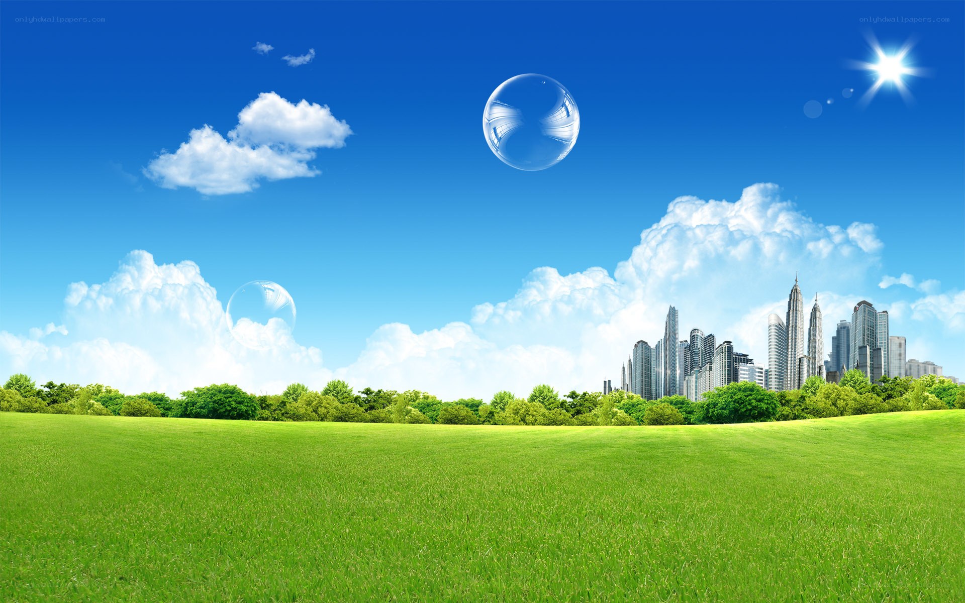 Green field with city skyline