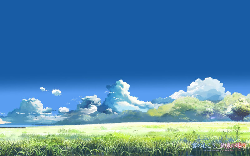 Green Field with Clouds — Blue, Serene, Afternoon, Anime, Sky