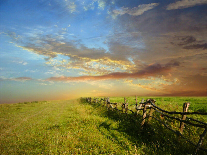 Green Field with Fence — Dramatic, Sunset, Painting