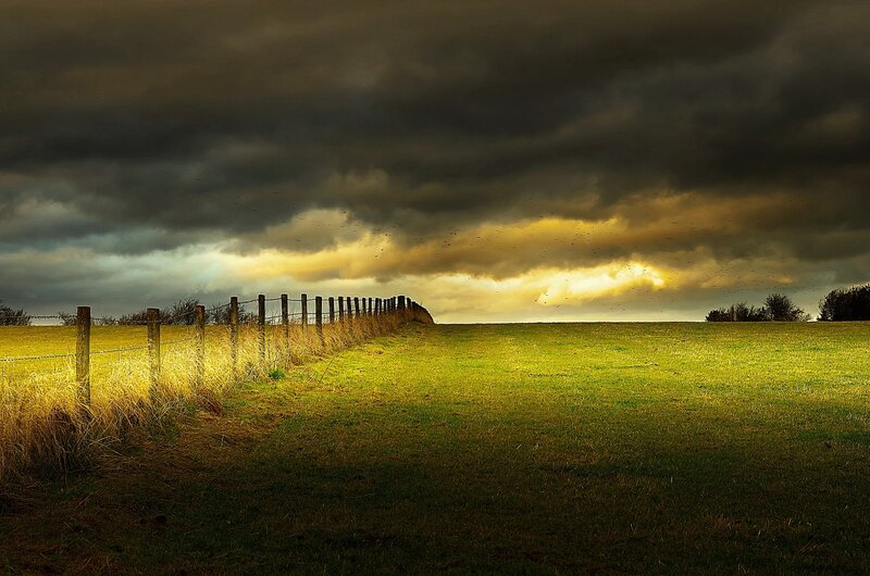Green Field with Fence — Dramatic, Sunset, Photograph