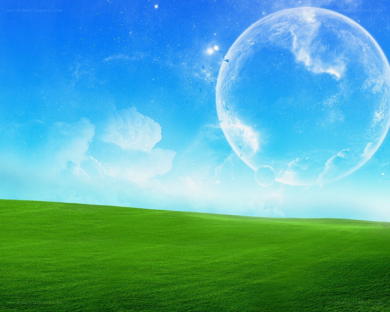 Green field with giant moon