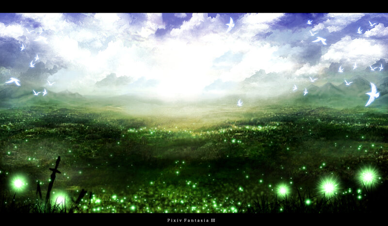 green field with glowing lights