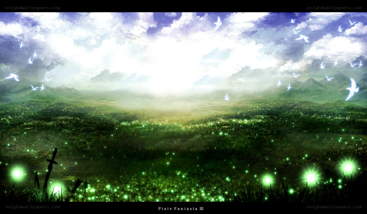 green field with glowing lights