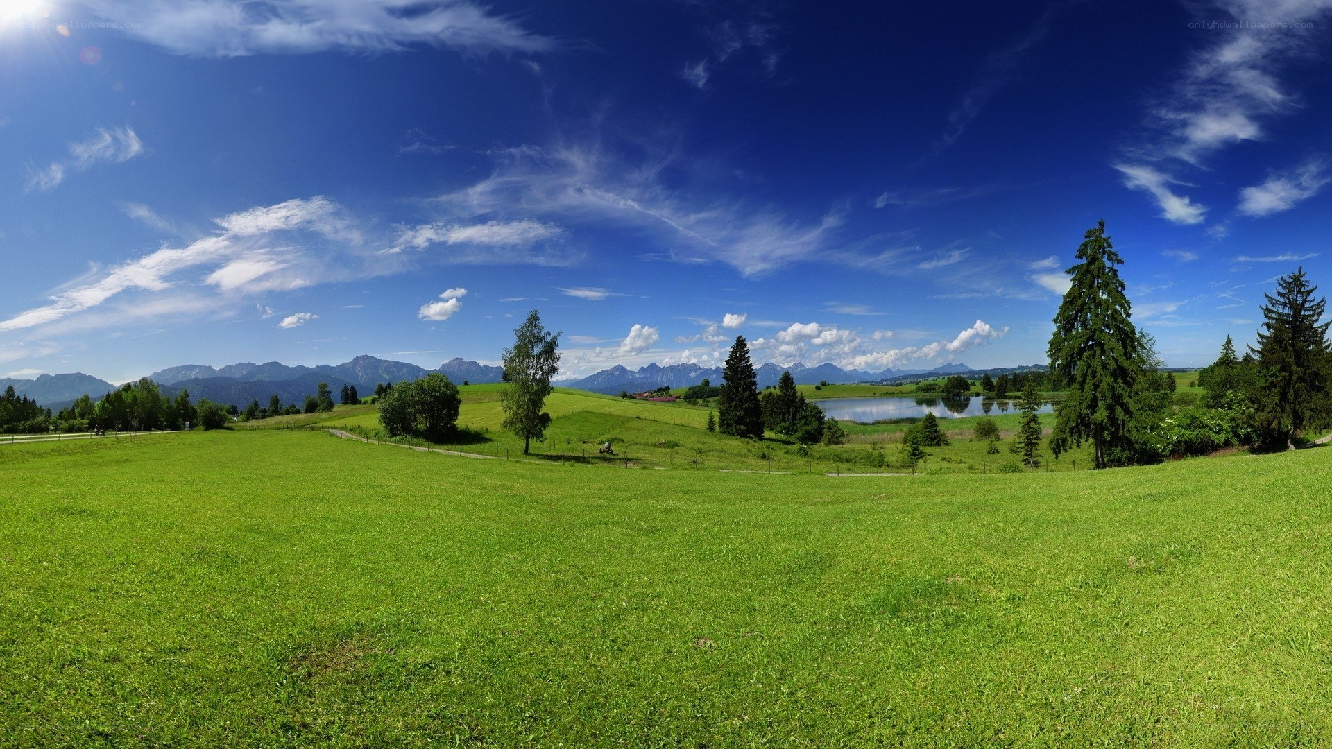 Green field with lake and mountains
