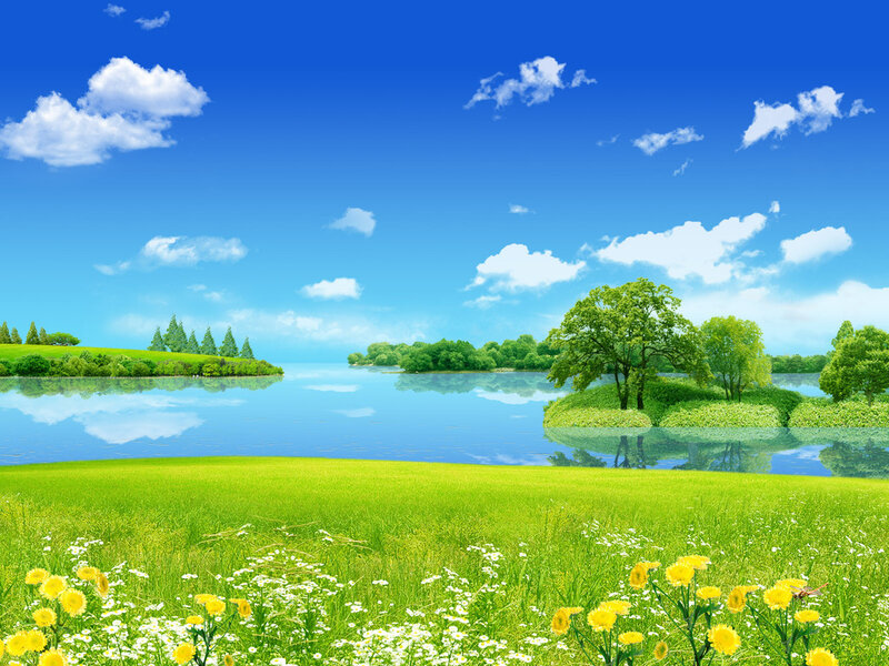 Green Field with Lake — Blue, Serene, Afternoon, Digital Art, Trees, Clouds, Flowers