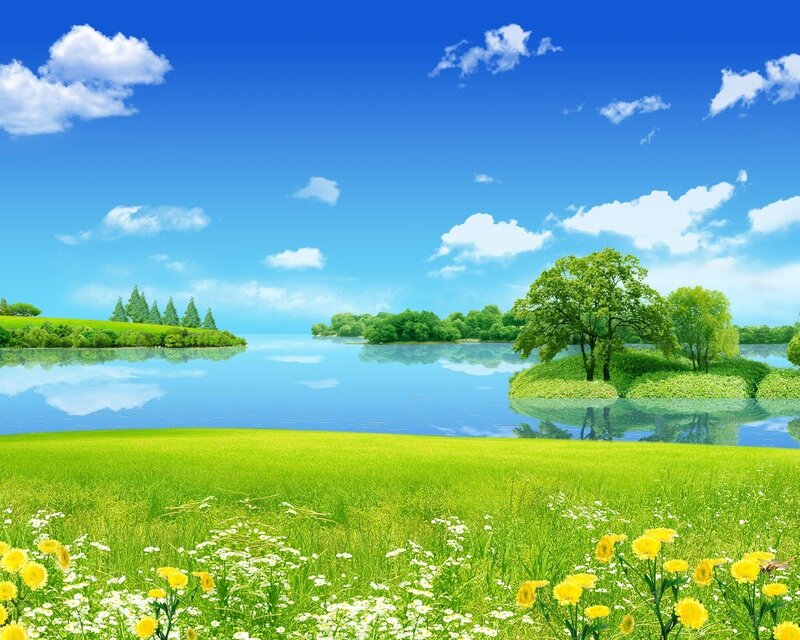 Green Field with Lake — Blue, Serene, Afternoon, Photograph