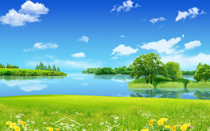 Green Field with Lake — Blue