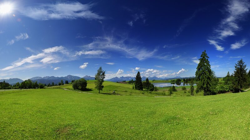 Green Field with Lake — Serene, Afternoon, Photograph, Mountains, Trees, Blue