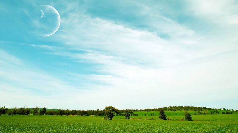 Green field with large moon