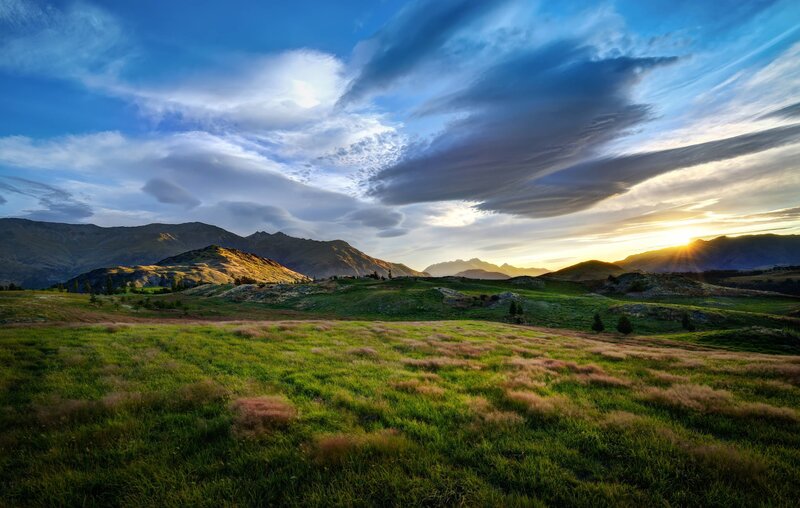 Green Field with Mountains — Blue, Dramatic