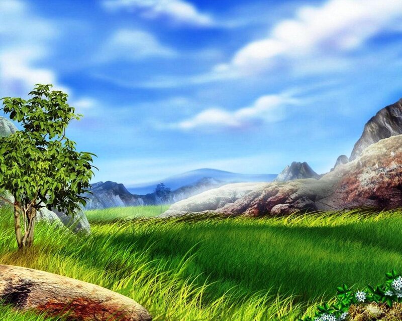 Green Field with Mountains — Blue, Serene, Afternoon