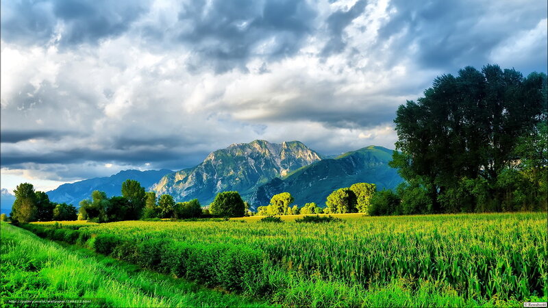 Green Field with Mountains — Dramatic, Afternoon, Photograph, Trees, Clouds