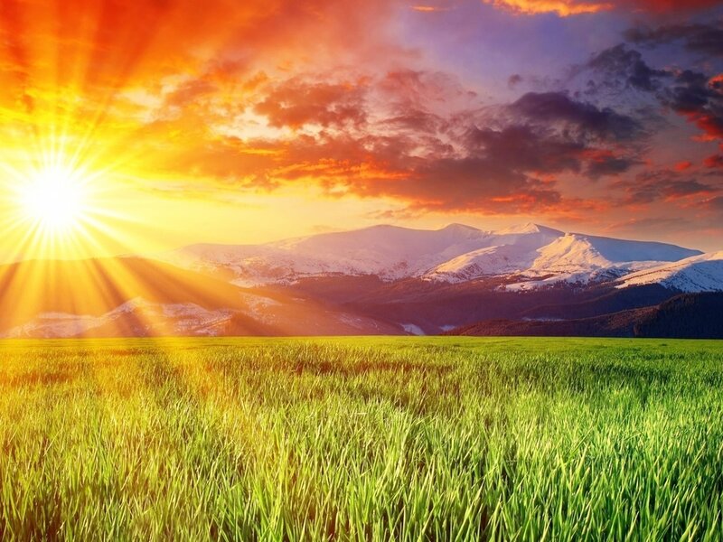 Green Field with Mountains — Dramatic, Sunrise, Photograph
