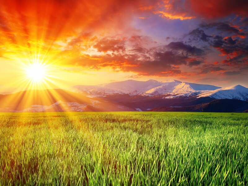 Green Field with Mountains — Dramatic, Sunrise