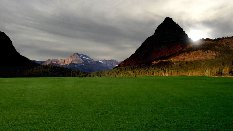 Green Field with Mountains — Dramatic, Sunset, Photograph, Forest