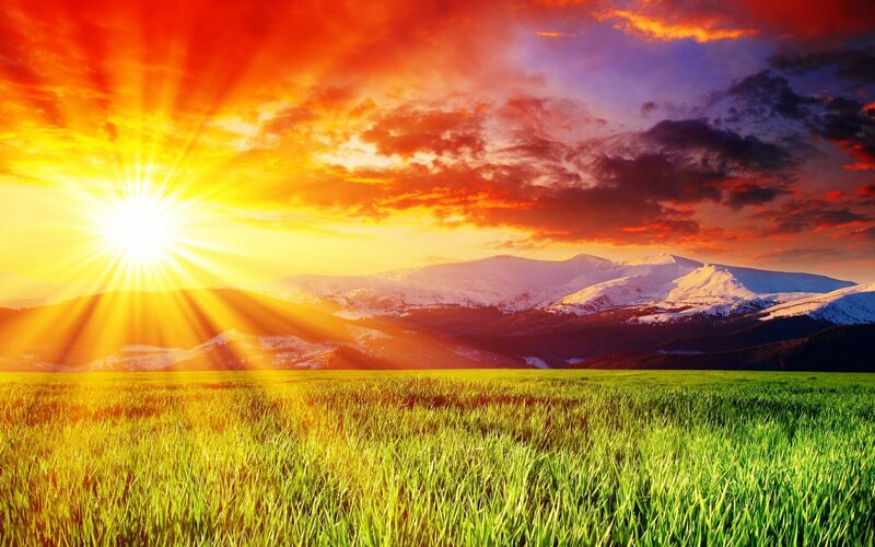 Green Field with Mountains — Dramatic, Sunset, Photograph, Sun