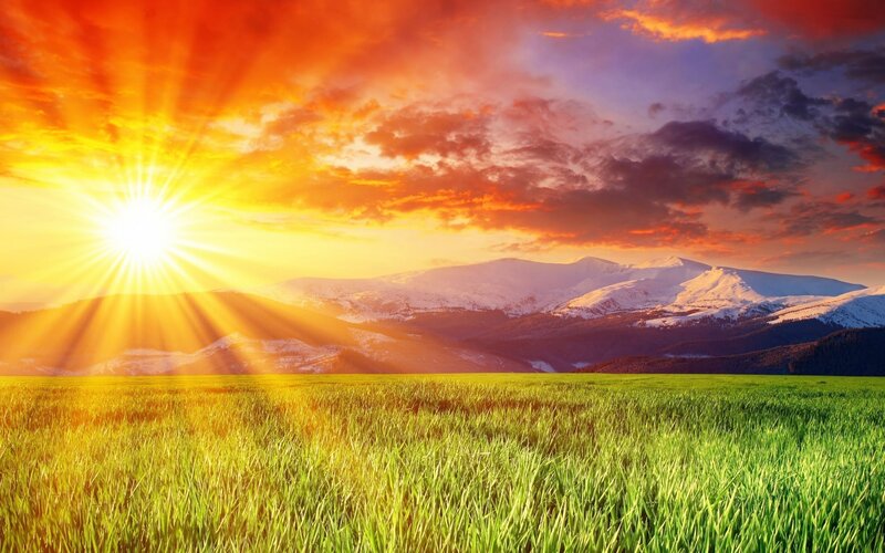 Green Field with Mountains — Dramatic, Sunset, Photograph