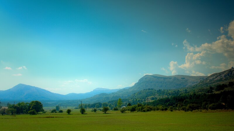 Green field with mountains in background