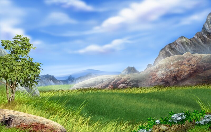 Green Field with Mountains — Serene, Afternoon, Digital Art, Tree, Grass, Flowers, Blue, Brown