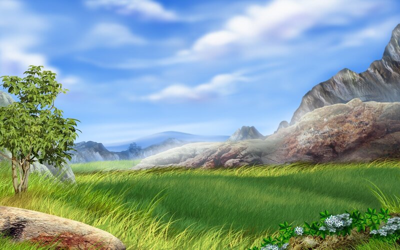 Green Field with Mountains — Serene, Afternoon, Digital Art, Tree, Grass, Flowers, Blue