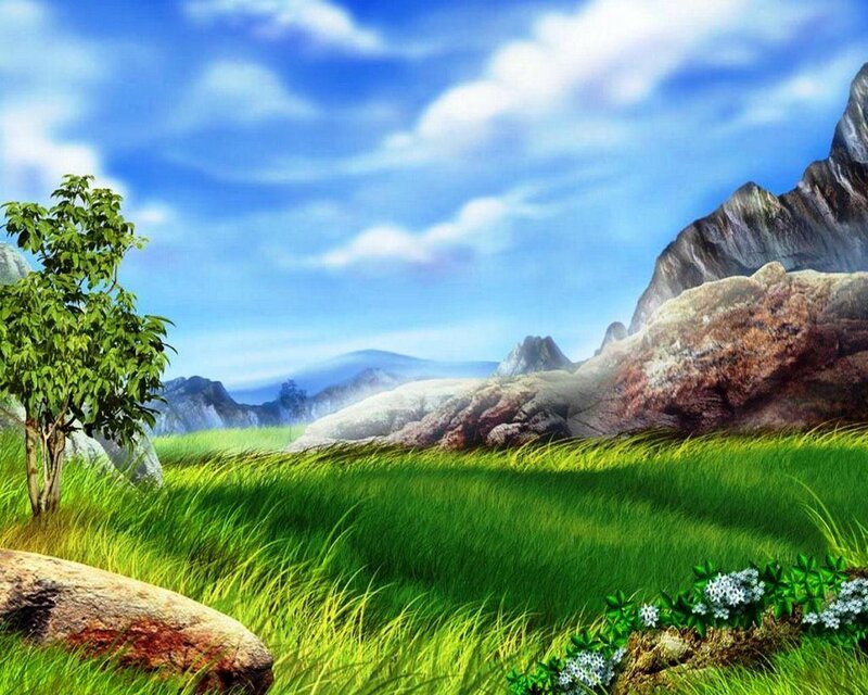 Green Field with Mountains — Serene, Afternoon, Digital Art, Tree, Grass