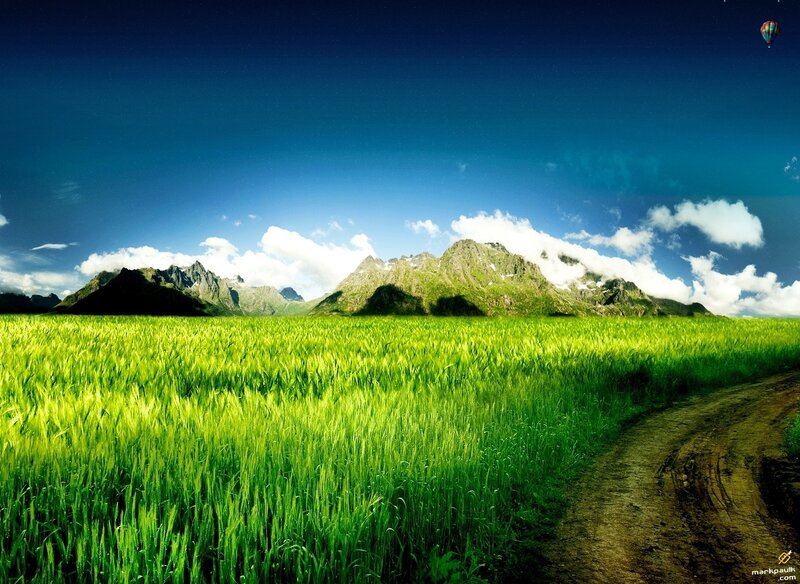 Green Field with Mountains — Serene, Afternoon, Photograph, Clouds