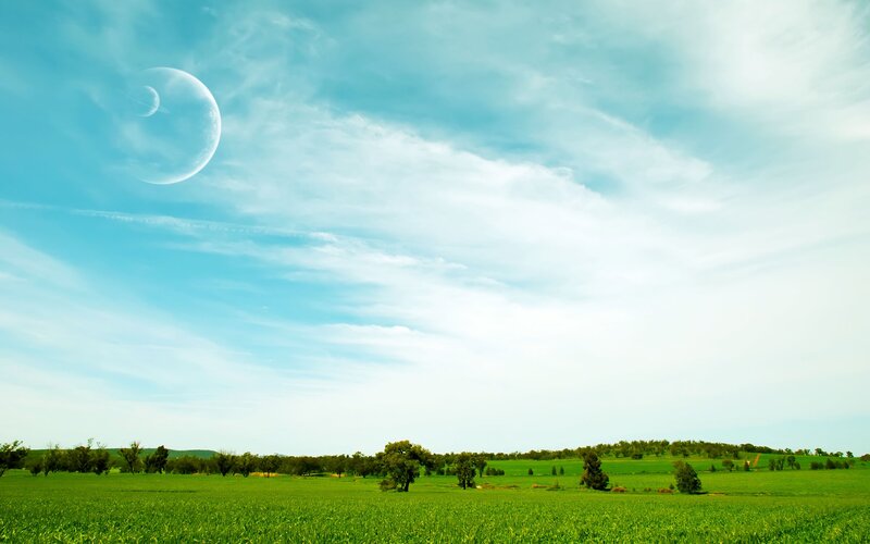 Green Field with Planet — Serene, Afternoon, Digital Art