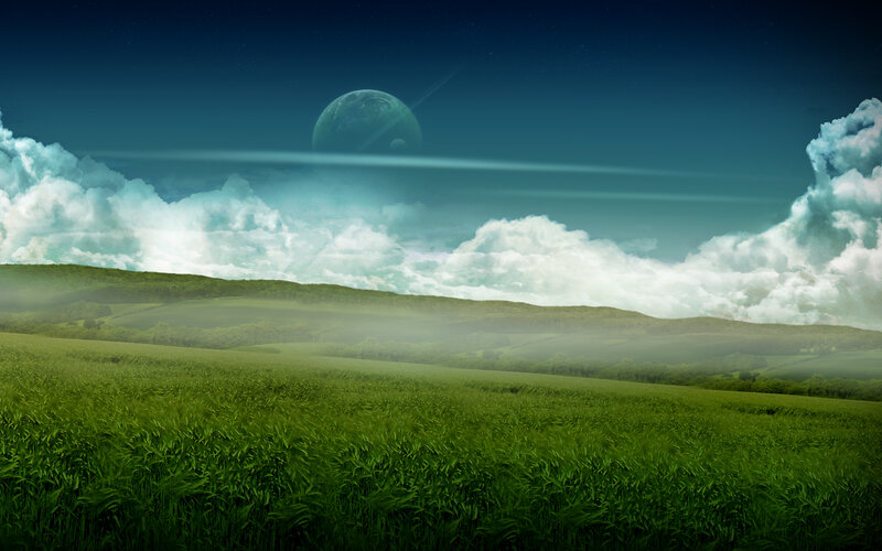 Green Field with Planet — Serene, Night