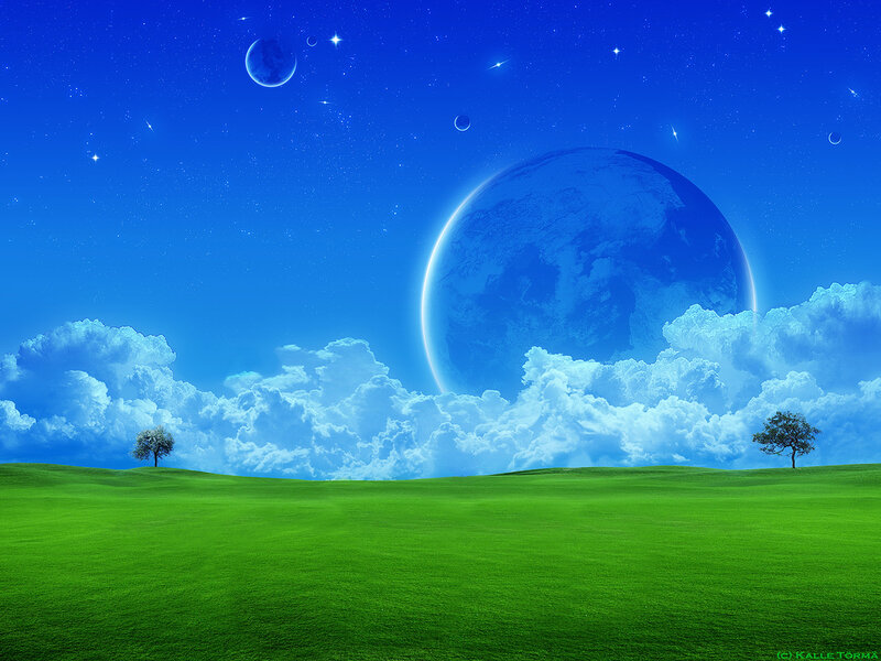 Green Field with Planets — Blue, Serene, Night, Digital Art, Clouds