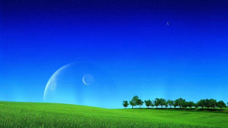 Green Field with Planets — Blue, Serene, Night, Digital Art