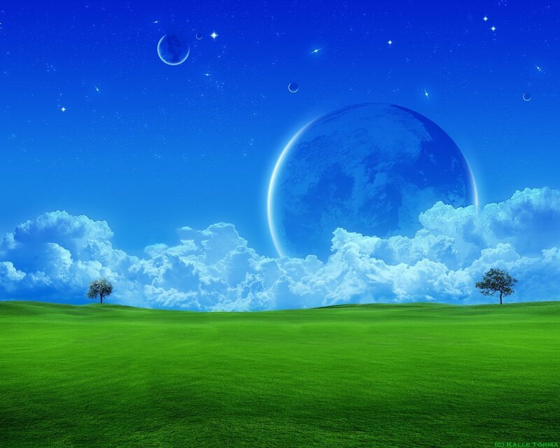Green Field with Planets — Blue, Serene, Night, Digital Art, Trees, Clouds, White
