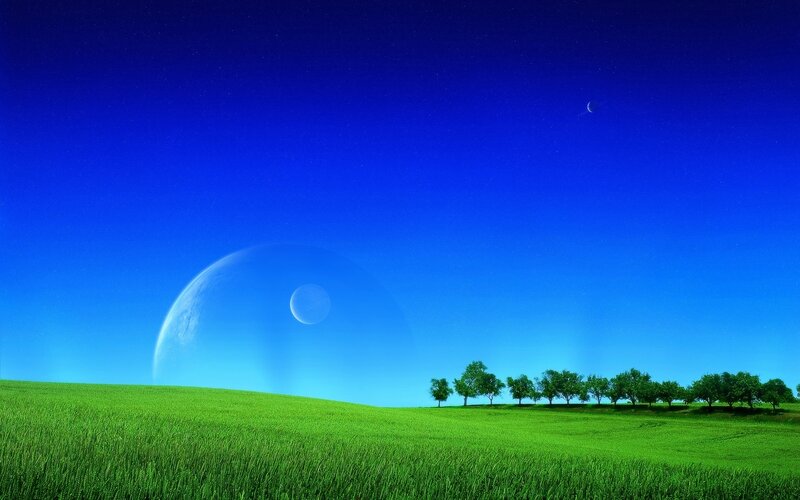 Green Field with Planets — Blue, Serene, Night