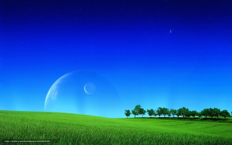 Green Field with Planets — Blue