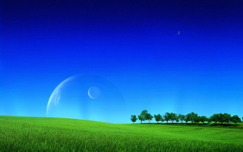Green Field with Planets — Digital Art