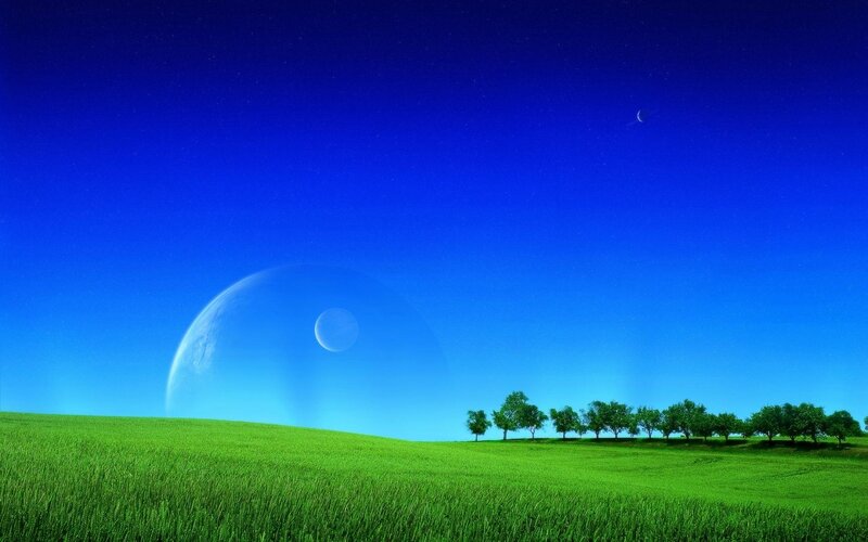 Green Field with Planets — Night
