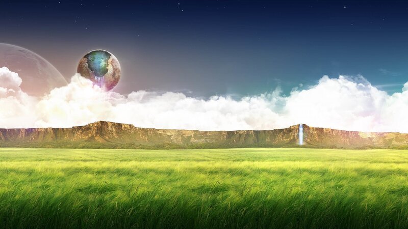 Green Field with Planets — Serene, Night
