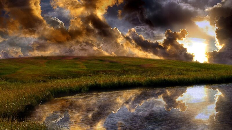 Green Field with Pond — Dramatic, Sunset