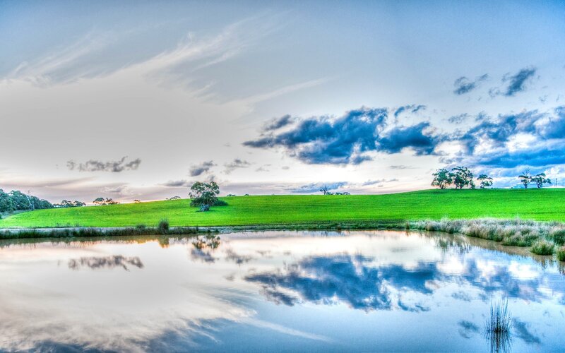 Green Field with Pond — Serene, Sunset