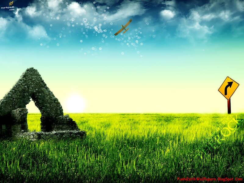 Green field with ruins and airplane