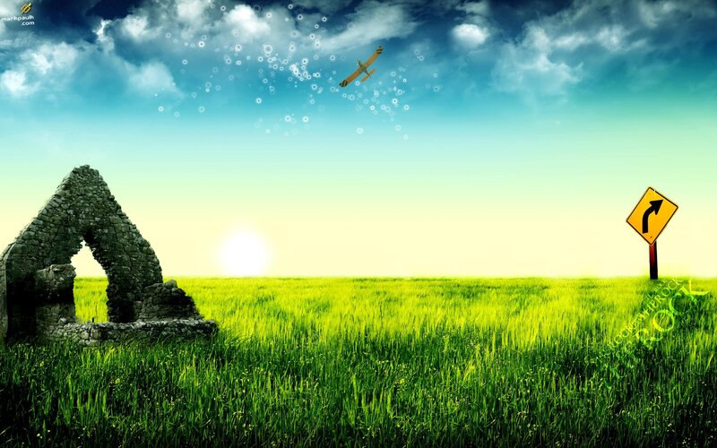 Green field with ruins and airplane