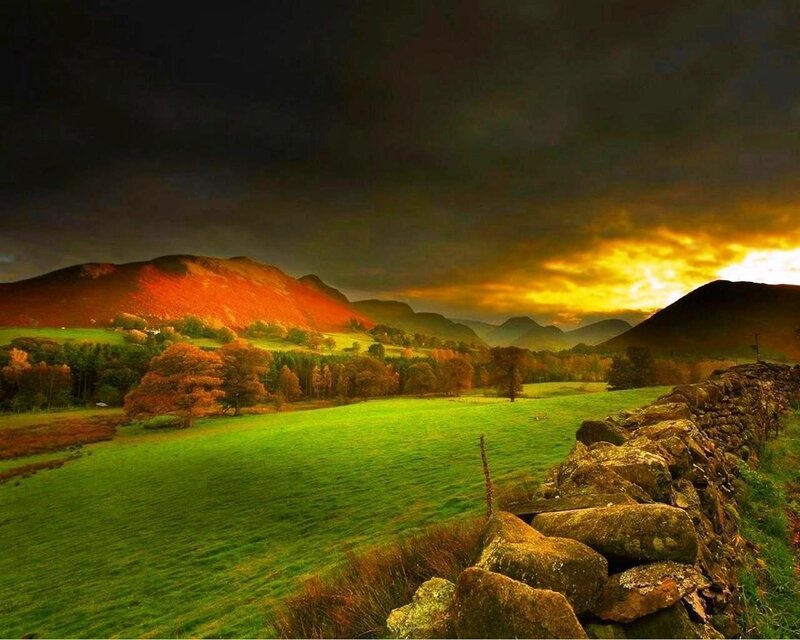 Green Field with Stone Wall — Dramatic, Sunset, Photograph