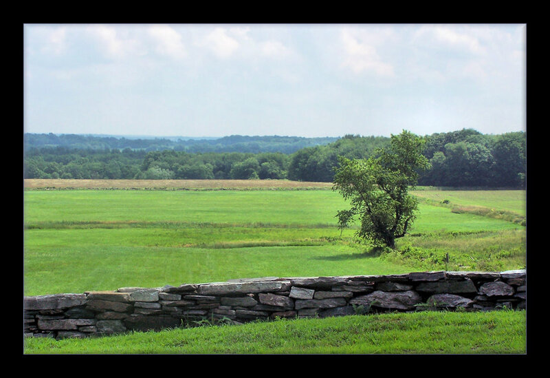 Green field with stone wall