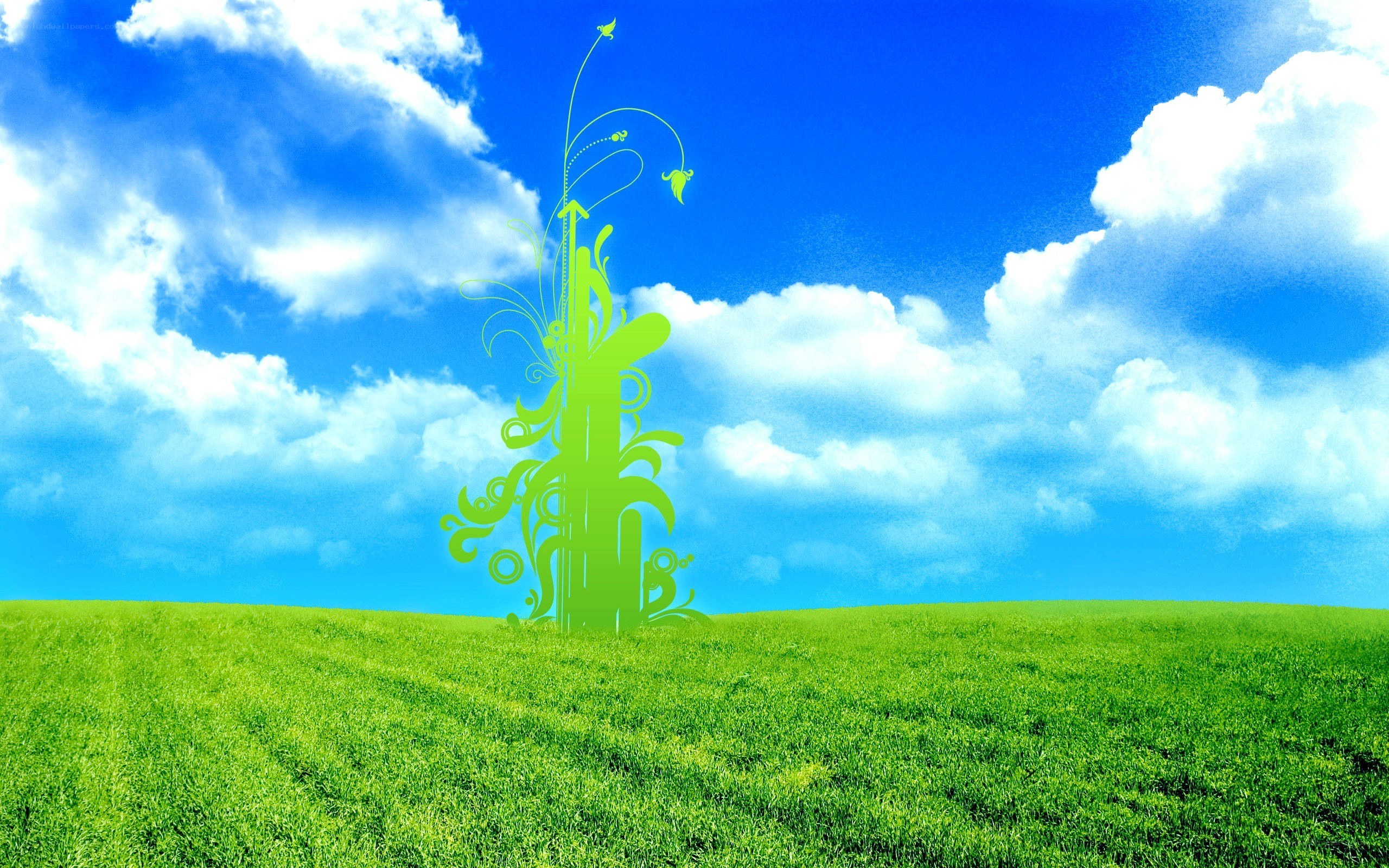 green field with stylized plant