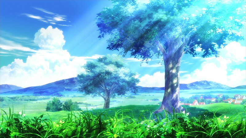 Green Field with Trees — Blue, Serene, Afternoon, Anime, Mountains